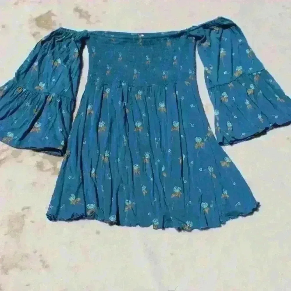 FREE PEOPLE Teal Floral Off The Shoulder Smock Wide Sleeve Shirt Top Women Small - Picture 3 of 10